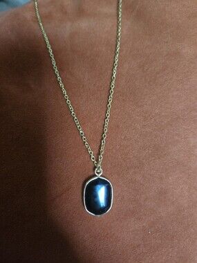 Gold  Tone Chain Necklace with Black Natural Stone Pendant